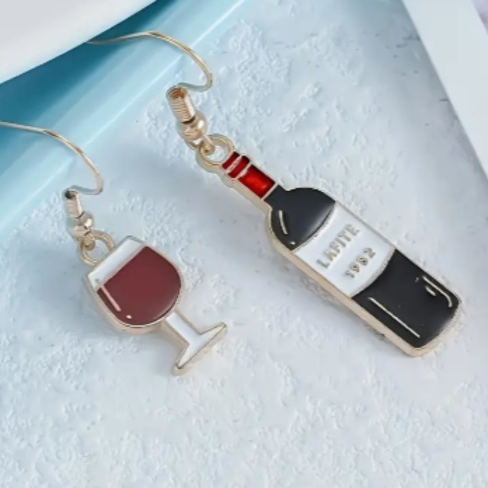 Asymmetrical Wine Glass and Wine Bottle Dangle Drop Earrings
